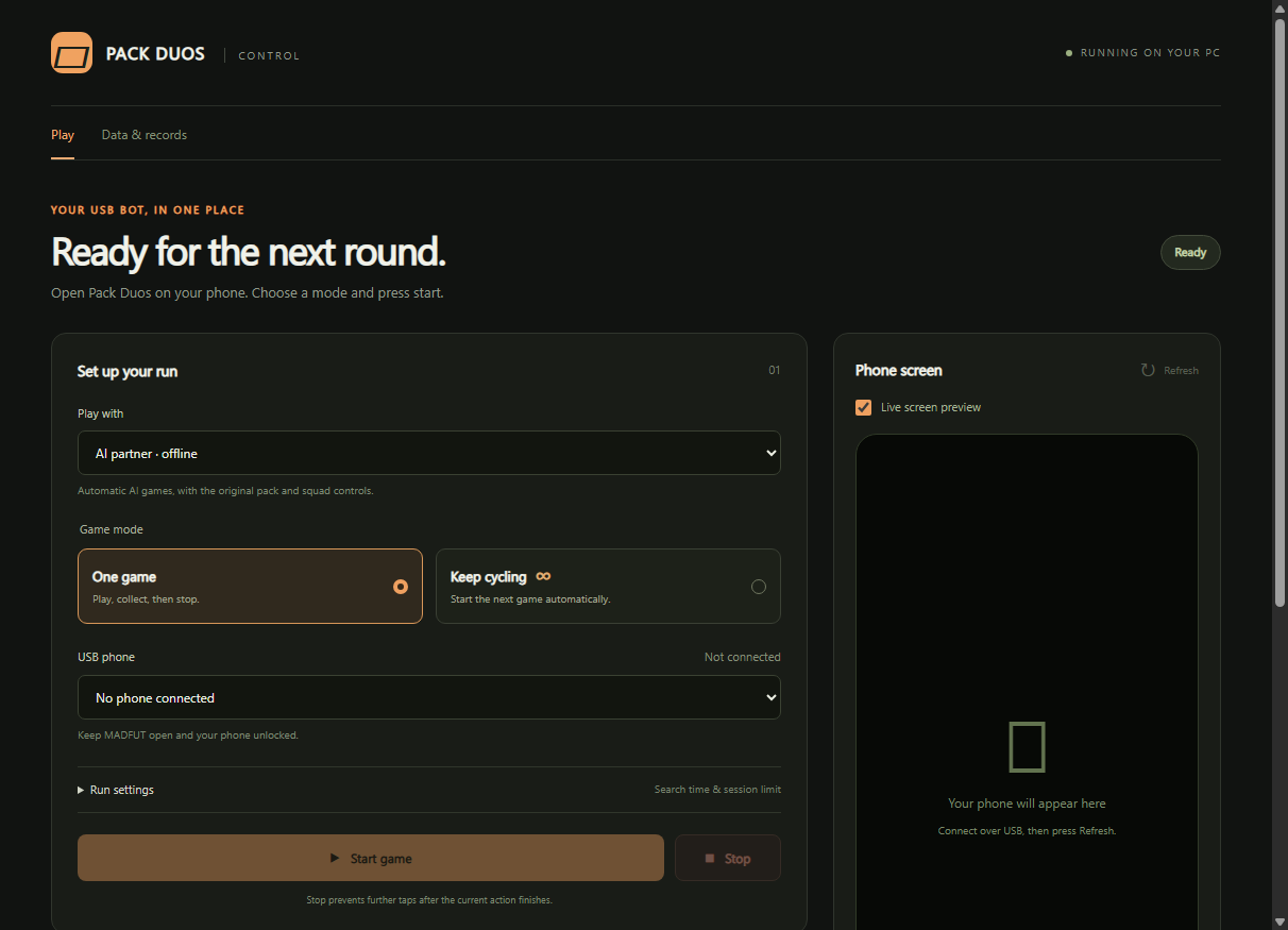 Pack Duos desktop app with session controls and phone preview